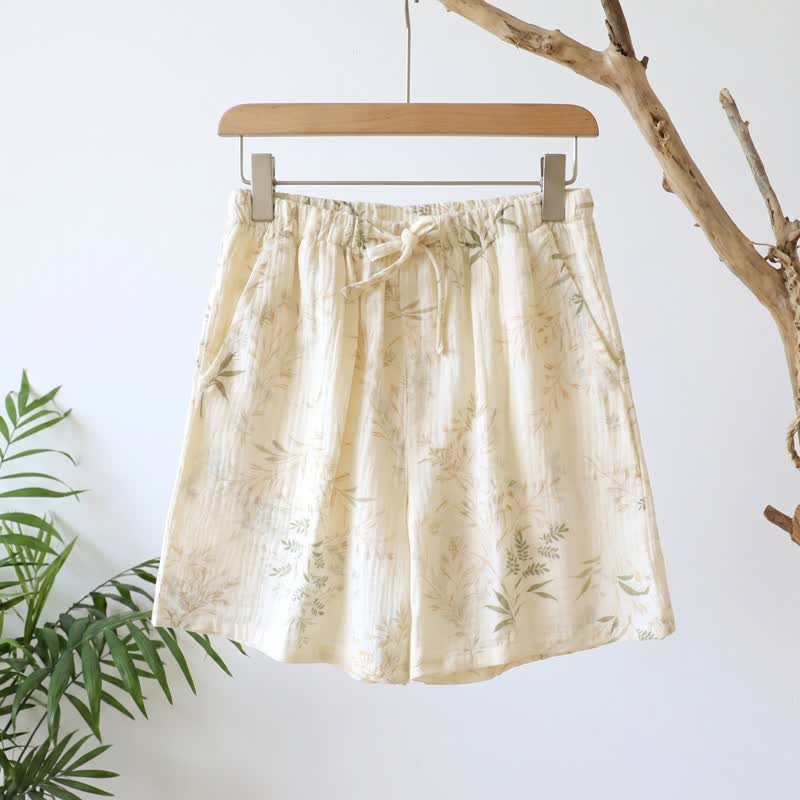 Damen-Pyjama-Shorts aus Baumwollgaze mit botanischem Muster - Beige - XL - image 0