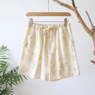 Damen-Pyjama-Shorts aus Baumwollgaze mit botanischem Muster - Beige - XL - image 0