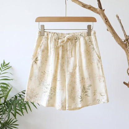 Damen-Pyjama-Shorts aus Baumwollgaze mit botanischem Muster - Beige - XL - image 0