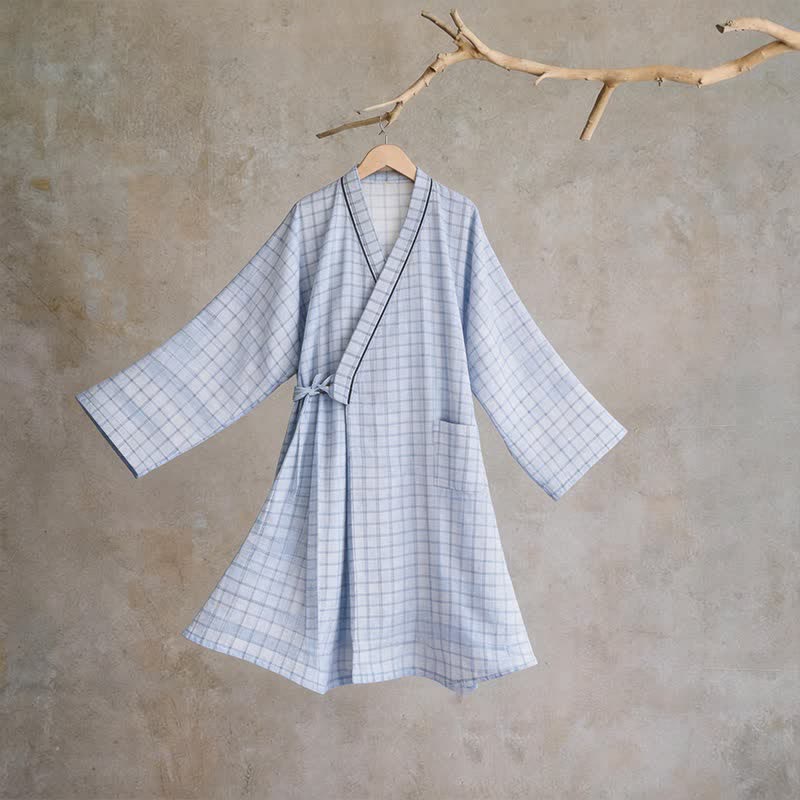 Unisex Kimono-Bademantel aus karierter Baumwolle - Blau - L - image 0