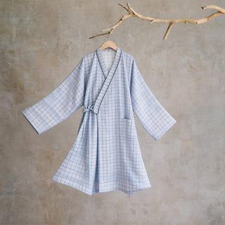 Unisex Kimono-Bademantel aus karierter Baumwolle - Blau - L - image 0