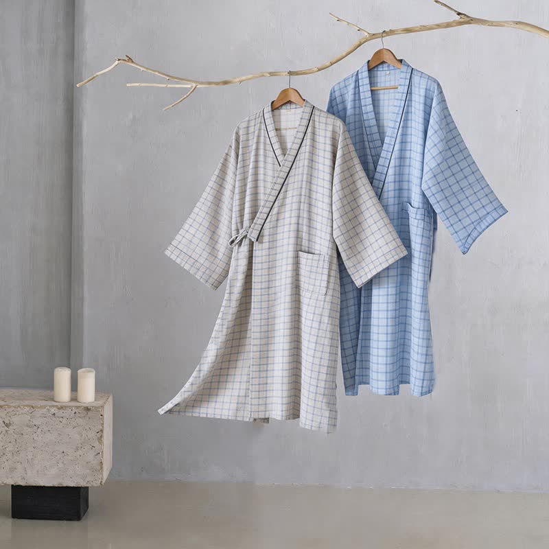 Unisex Kimono-Bademantel aus karierter Baumwolle - image 1