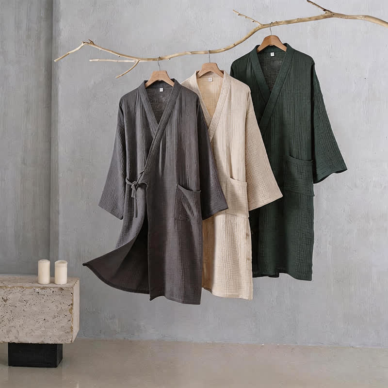 Kimono-Bademantel aus einfarbigem Baumwollgaze, Unisex - image 1