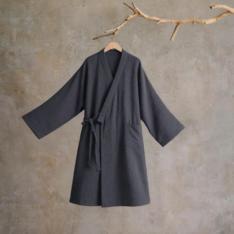 Kimono-Bademantel aus einfarbigem Baumwollgaze, Unisex - Grau - XL - image 14