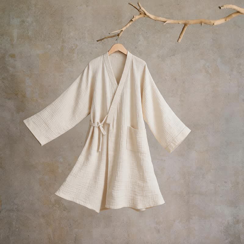 Kimono-Bademantel aus einfarbigem Baumwollgaze, Unisex - Beige - XL - image 7