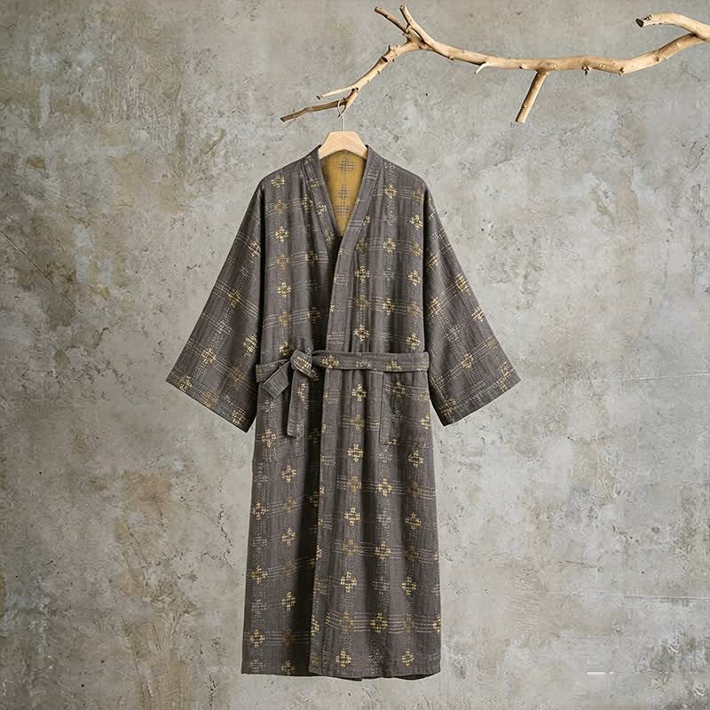 Unisex geometrischer Yukata-Bademantel aus Baumwolle - Grau - XL - image 0