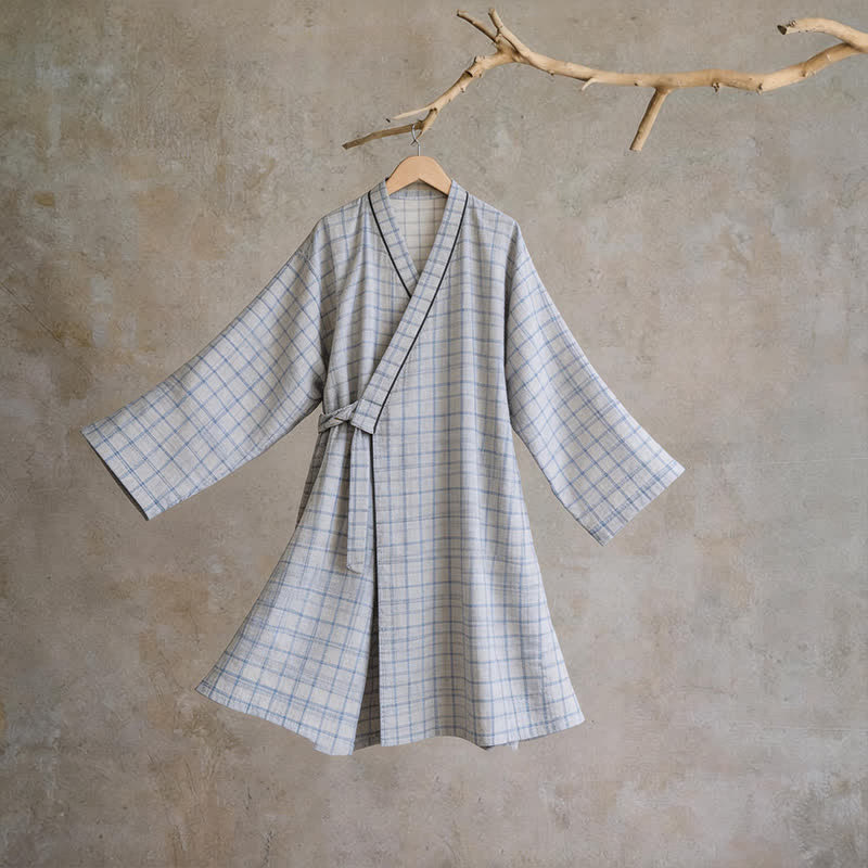 Unisex Kimono-Bademantel aus karierter Baumwolle - Grau - L - image 8