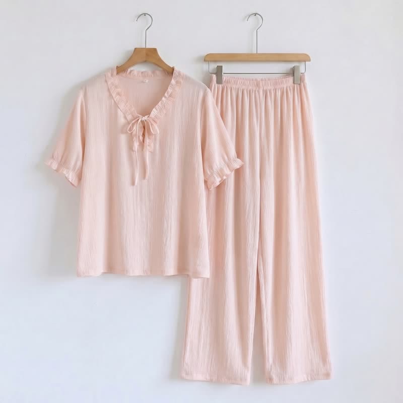 Einfarbiger, wattierter Rüschen-Pyjama-Set - image 0