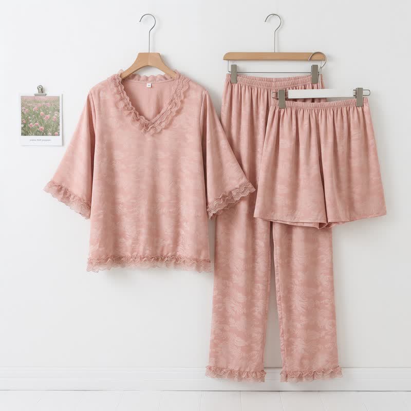 Rosa Jacquard-Pyjama-Set mit Rüschenbesatz (3-teilig) - Rosa - XXL - image 0