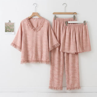 Rosa Jacquard-Pyjama-Set mit Rüschenbesatz (3-teilig) - Rosa - XXL - image 0