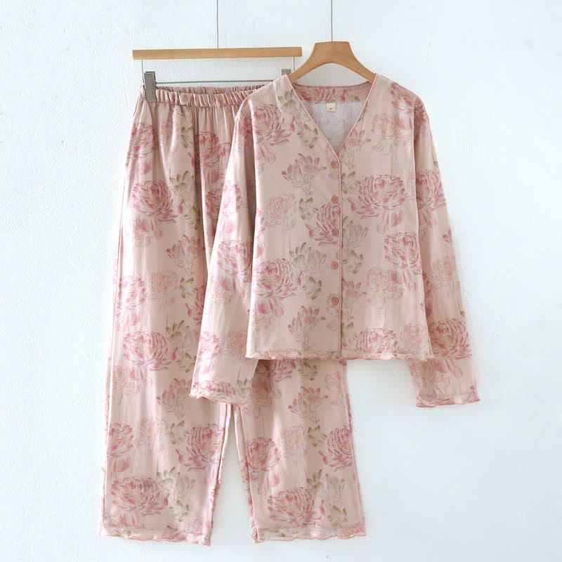 Pyjama aus Baumwollgaze mit rosa Pfingstrosenmuster - Rosa - XL - image 0