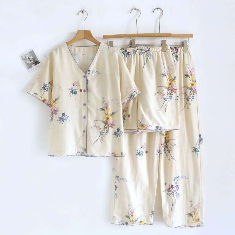Damenpyjama aus Baumwolle mit Iris-Blumenmuster (3-teilig) - Beige - XL - image 0