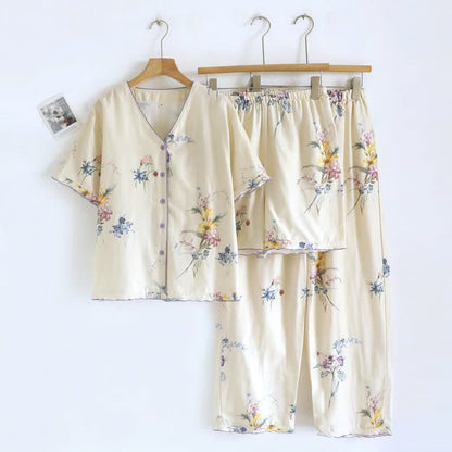 Damenpyjama aus Baumwolle mit Iris-Blumenmuster (3-teilig) - Beige - XL - image 0