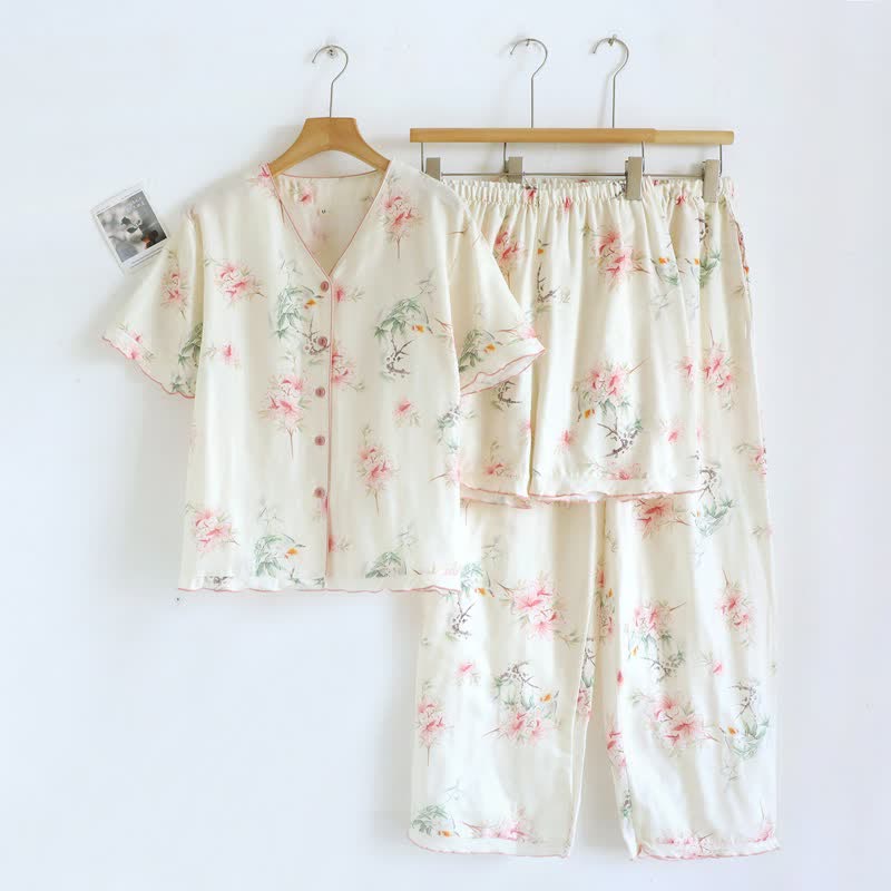 Baumwoll-Pyjama-Set mit Blumenmuster und kurzen Ärmeln (3-teilig) - Weiß - XL - image 0