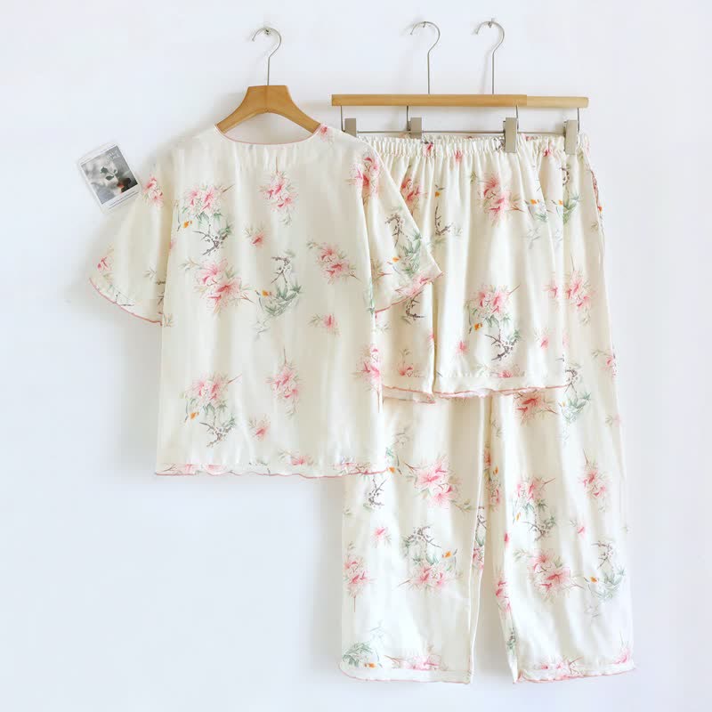 Baumwoll-Pyjama-Set mit Blumenmuster und kurzen Ärmeln (3-teilig) - image 2