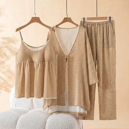 Damen-Pyjama-Set aus bedruckter Baumwolle (3-teilig) - Dunkelgelb - XL - image 0