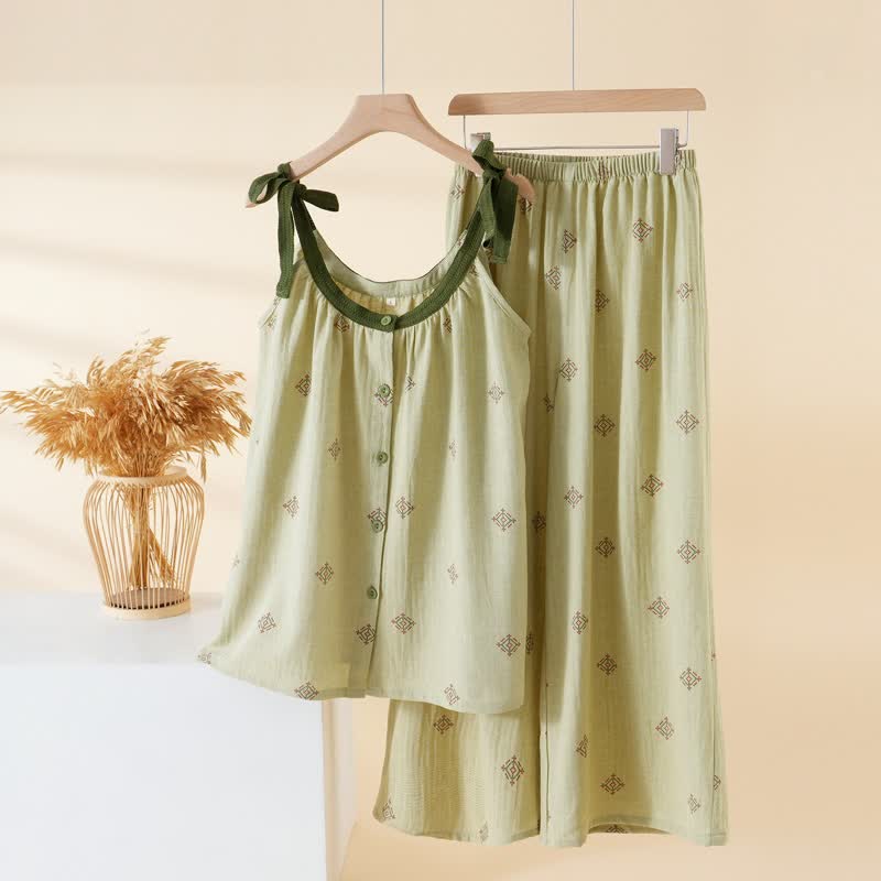 Pyjama-Set aus Baumwollgaze mit Schleifenriemen - Grün - XL - image 8