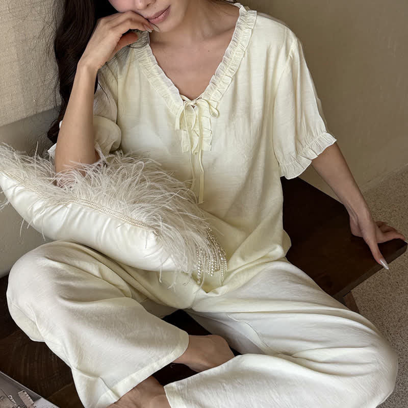 Einfarbiger, wattierter Rüschen-Pyjama-Set - image 11