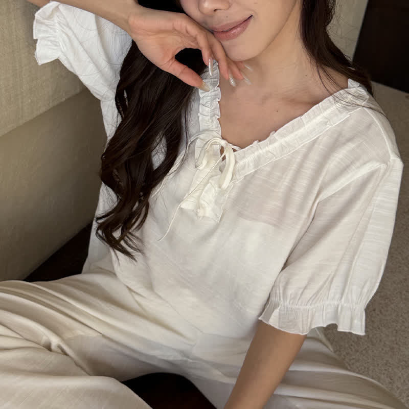 Einfarbiger, wattierter Rüschen-Pyjama-Set - image 8