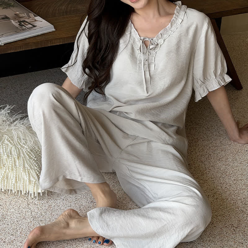 Einfarbiger, wattierter Rüschen-Pyjama-Set - image 15