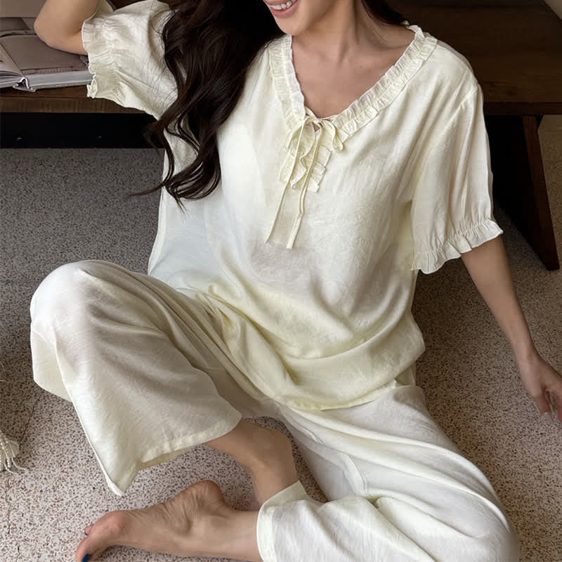 Einfarbiger, wattierter Rüschen-Pyjama-Set - Gelb - XL - image 9