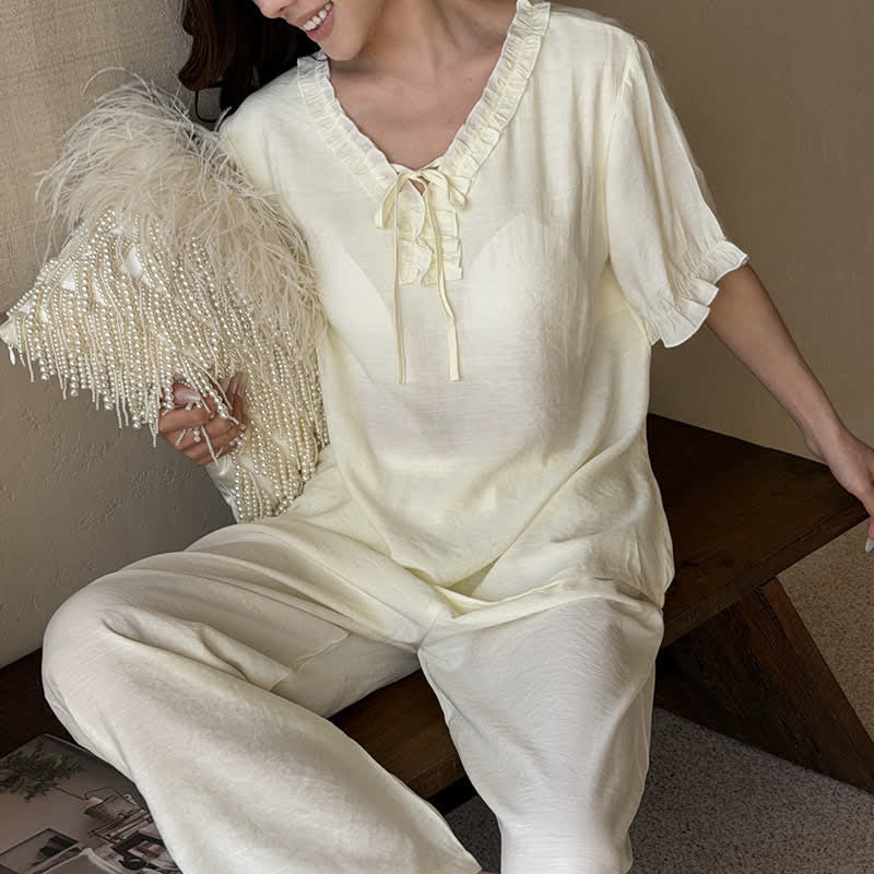 Einfarbiger, wattierter Rüschen-Pyjama-Set - image 10
