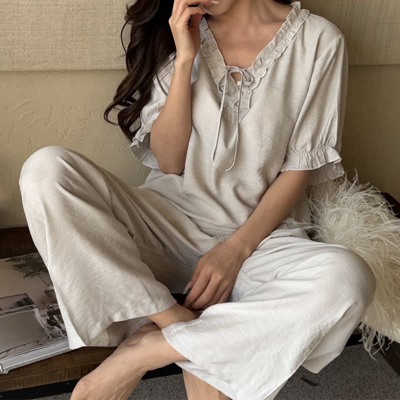 Einfarbiger, wattierter Rüschen-Pyjama-Set - Grau - XL - image 13