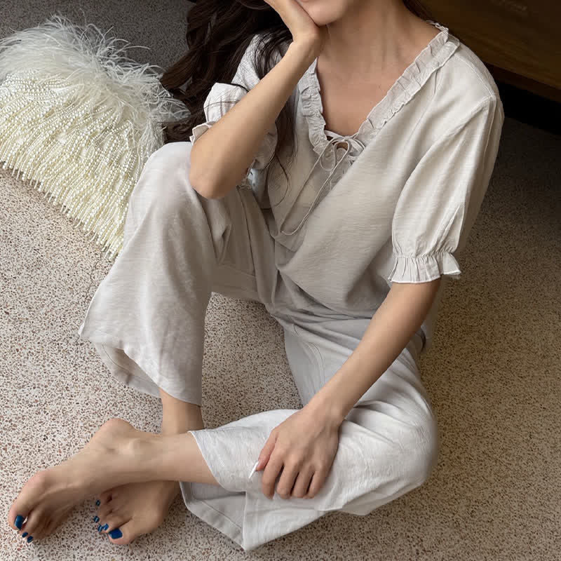 Einfarbiger, wattierter Rüschen-Pyjama-Set - image 14