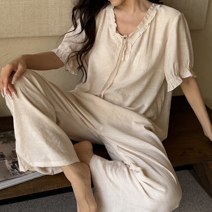 Einfarbiger, wattierter Rüschen-Pyjama-Set - Helle Aprikose - XL - image 16