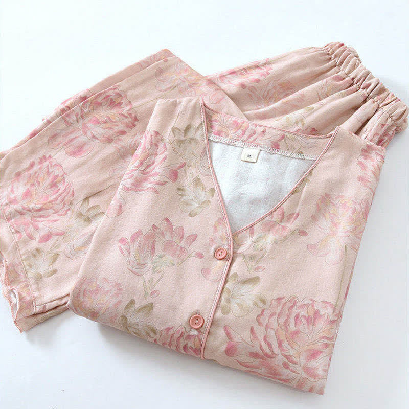 Pyjama aus Baumwollgaze mit rosa Pfingstrosenmuster - image 1