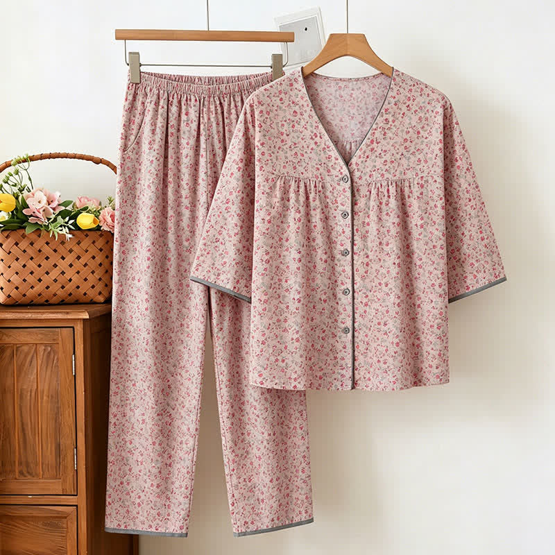 Rustikales Damen-Pyjama-Set aus Baumwolle mit Blumenmuster - Rosa - 3XL - image 0