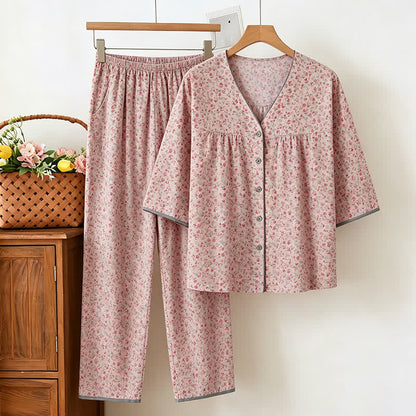 Rustikales Damen-Pyjama-Set aus Baumwolle mit Blumenmuster - Rosa - 3XL - image 0