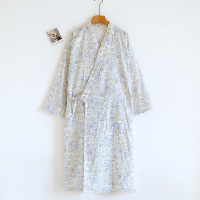 Kimono-Bademantel aus Baumwolle mit ethnischem Vintage-Blumenmuster - Blau - L - image 4