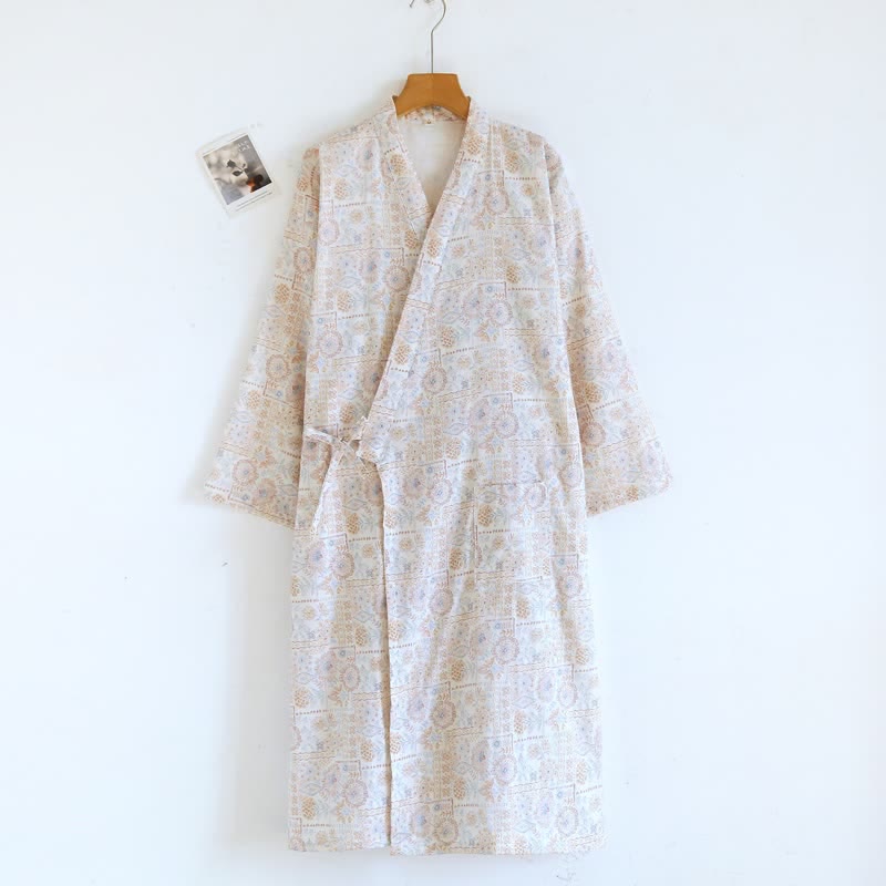 Kimono-Bademantel aus Baumwolle mit ethnischem Vintage-Blumenmuster - Kaffee - L - image 14