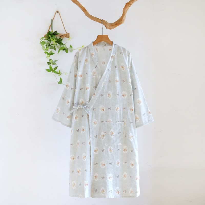 Kimono-Bademantel aus Baumwolle mit gerahmter Rose und Schleife - Blau - L - image 12
