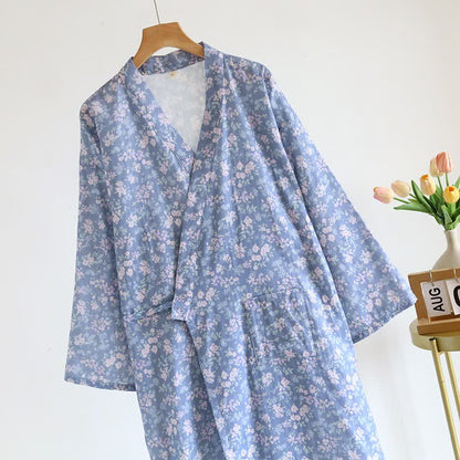 Rustikaler blauer Kimono-Bademantel aus Baumwolle mit Blumenmuster - image 2