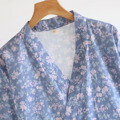 Rustikaler blauer Kimono-Bademantel aus Baumwolle mit Blumenmuster - image 3