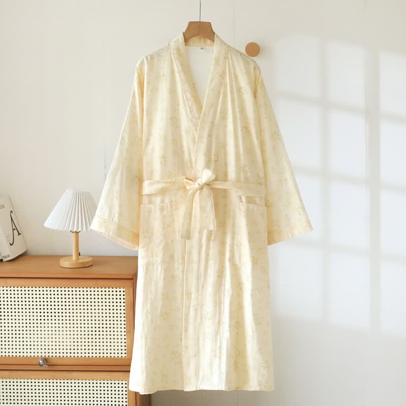 Gelber Kimono-Bademantel aus Baumwollgaze mit botanischem Motiv - image 1