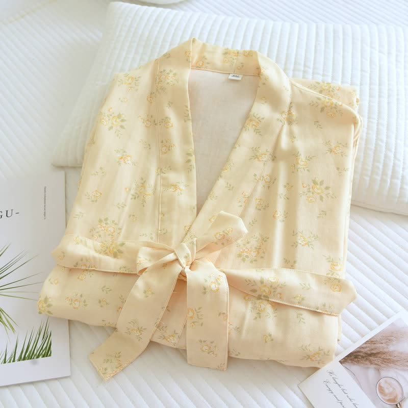 Gelber Kimono-Bademantel aus Baumwollgaze mit botanischem Motiv - image 2