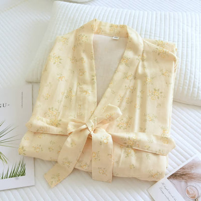 Gelber Kimono-Bademantel aus Baumwollgaze mit botanischem Motiv - image 2