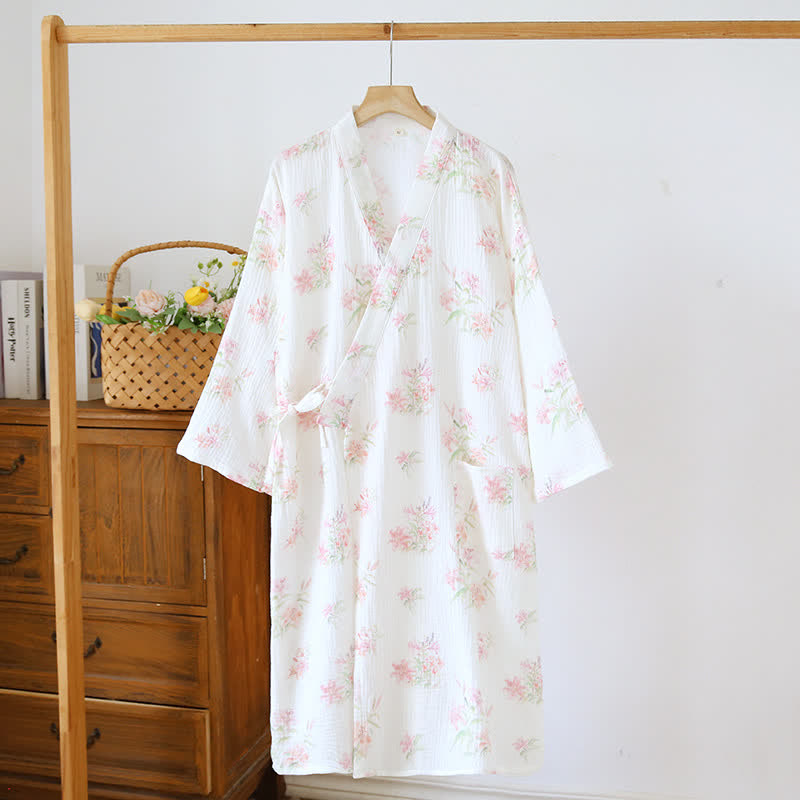 Kimono-Bademantel aus reiner Baumwolle mit rosa Blumenmuster - image 1