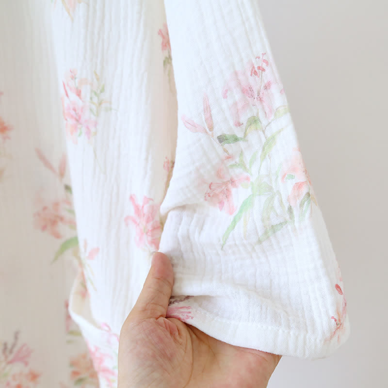 Kimono-Bademantel aus reiner Baumwolle mit rosa Blumenmuster - image 5