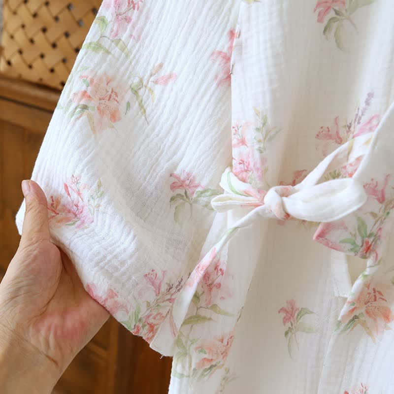 Kimono-Bademantel aus reiner Baumwolle mit rosa Blumenmuster - image 6
