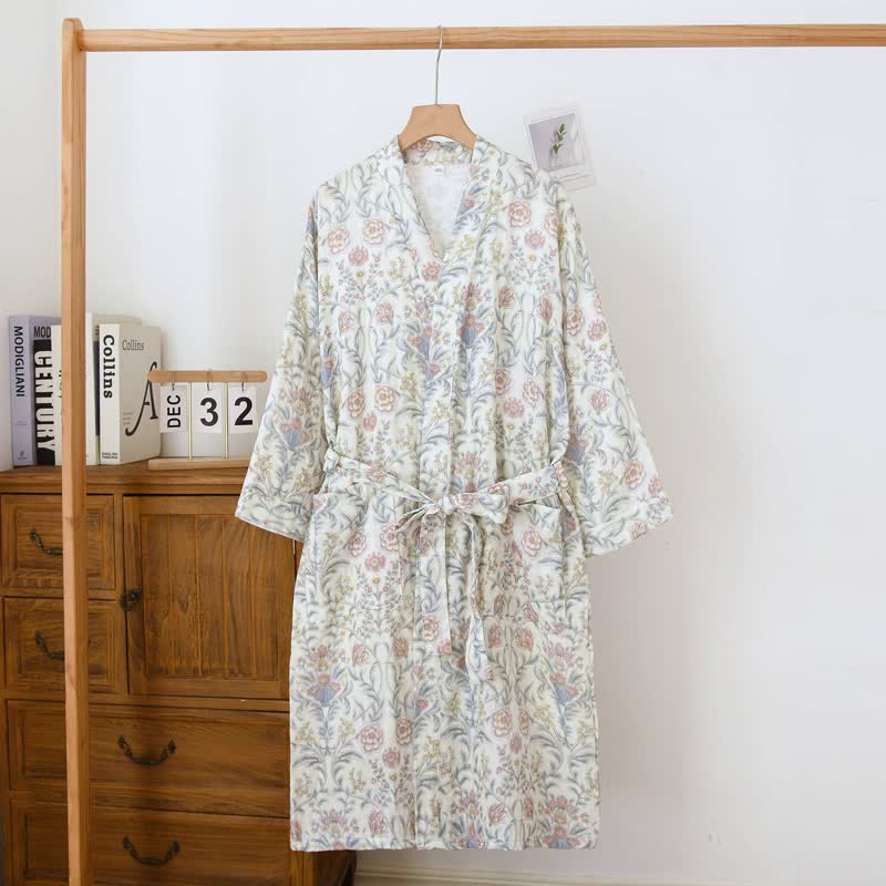 Kimono-Bademantel aus geblümtem Baumwollgaze mit Tasche - image 1