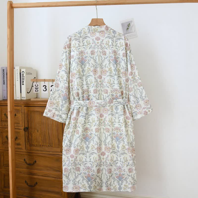 Kimono-Bademantel aus geblümtem Baumwollgaze mit Tasche - image 3