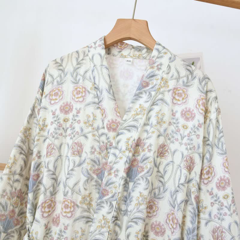 Kimono-Bademantel aus geblümtem Baumwollgaze mit Tasche - image 4