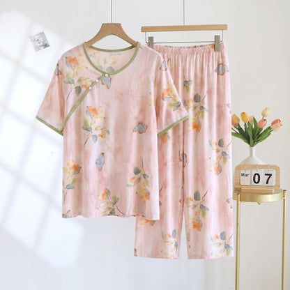 Nachtwäsche mit Schmetterlingsblumenmuster, Cropped-Hose, wattiert - Rosa - 2XL - image 0