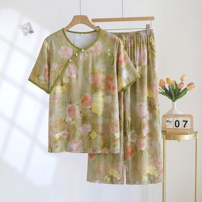 Botanischer, wattierter Capri-Pyjama-Set aus Viskose - Grün - 2XL - image 0