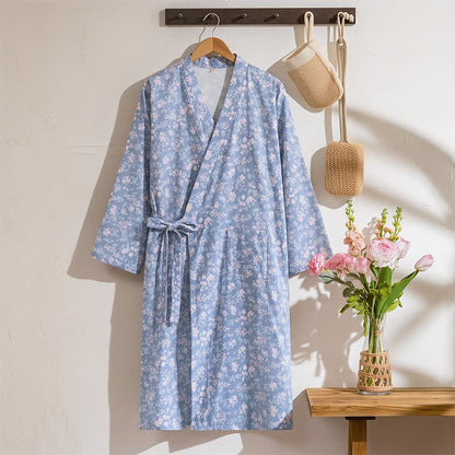 Rustikaler blauer Kimono-Bademantel aus Baumwolle mit Blumenmuster - Blau - XL - image 0