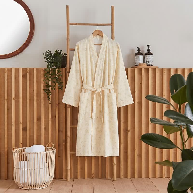 Gelber Kimono-Bademantel aus Baumwollgaze mit botanischem Motiv - Hellgelb - XL - image 0